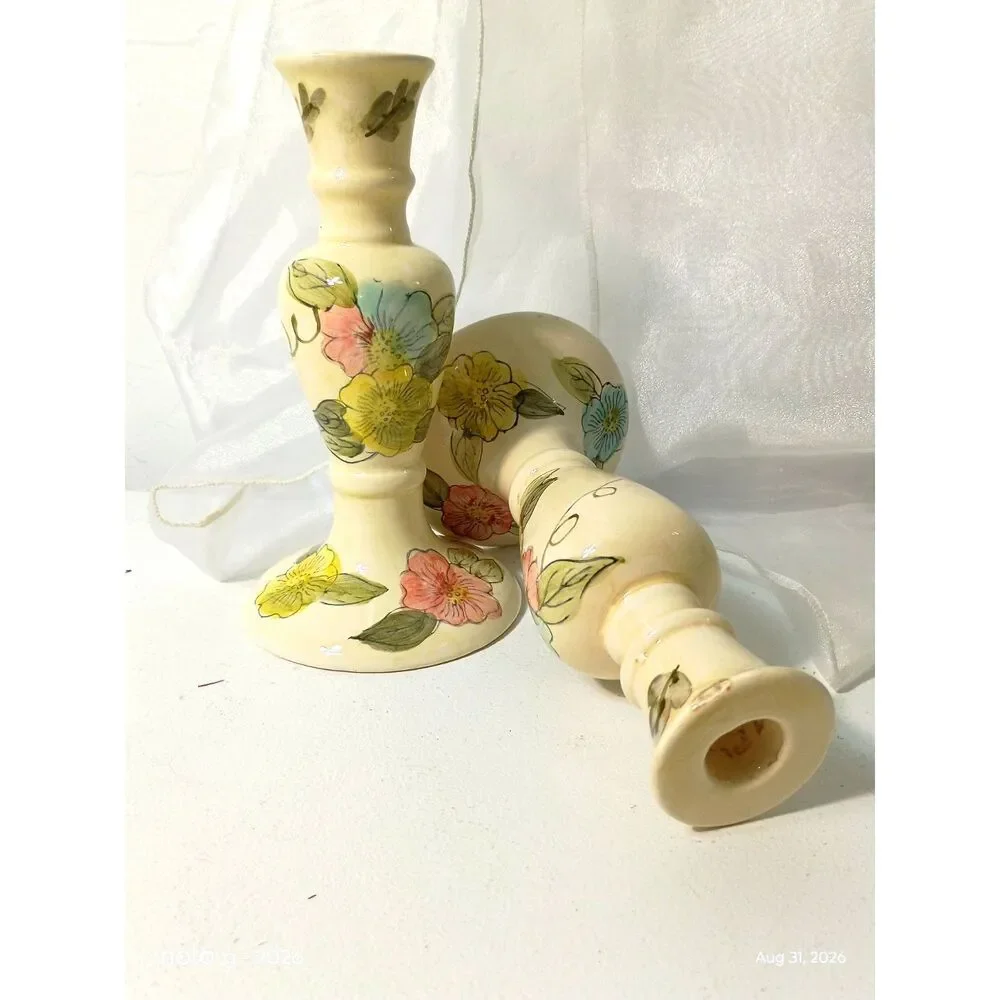 Vintage Hand Painted Floral Ceramic Taper Candle Holders Set Pair Yellow Roses